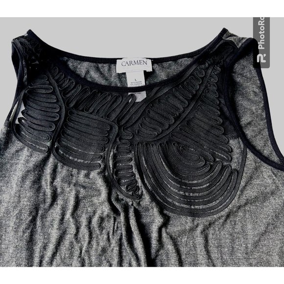 Carmen Marc Valvo Tunic Top Sz L Gray Sleeveless Black Embellished Souta… - Picture 4 of 12